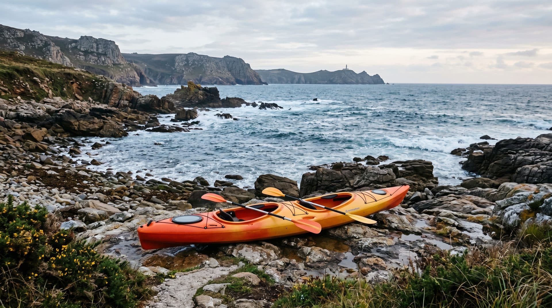 Kayak preparado en la orilla para vivir una experiencia única en Ponteceso