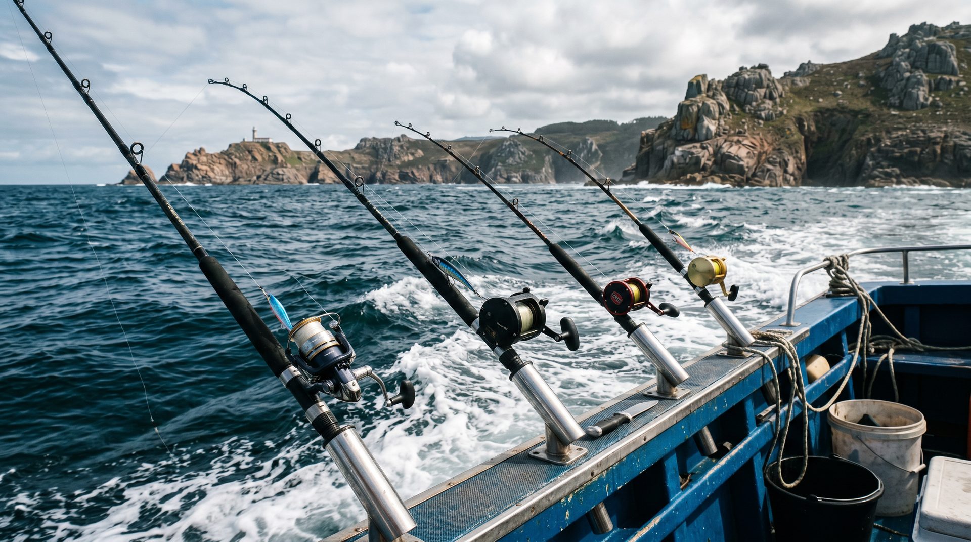 Caña de pescar lista durante una excursión de pesca en barco por Ponteceso